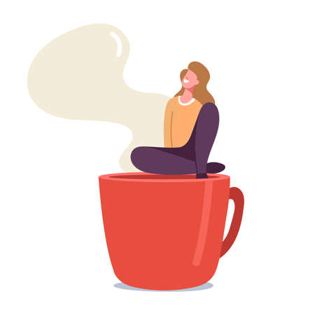Tiny Woman Relaxing on Coffee Break Sitting on Huge Steaming Cup, Girl Visiting Cafe or Restaurant, Recreational Placeのイラスト素材