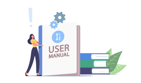 User Manual, Guide Book or Technical Instruction Concept. Tiny Female Character Carry Huge Handbook with Guidanceのイラスト素材