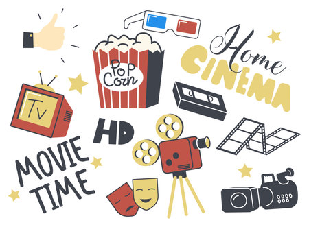 Set of Icons Home Cinema Theme. Retro Camera, Television, Pop Corn and 3d Glasses, Sad Happy Mask, Film Reel and Starsのイラスト素材
