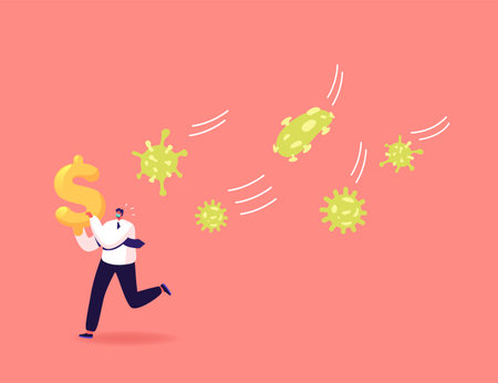 Business Man in Mask Escape from Huge Coronavirus Cells Attack with Dollar in Hands. Financial Crisis, Money Lossのイラスト素材