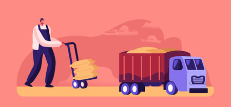 Worker Loading Sacks with Flour on Truck, Cereals Manufacture, Production, Character Producing Wheat. Bread Industryのイラスト素材