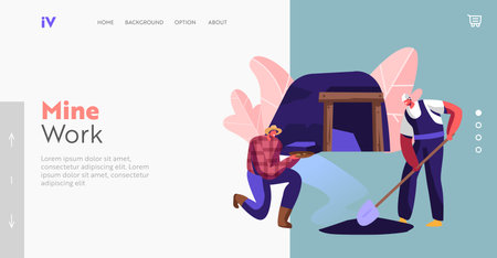 Miner Male Characters in Working on Quarry with Tools, Gold Mining Landing Page Template. People Digging Soilのイラスト素材