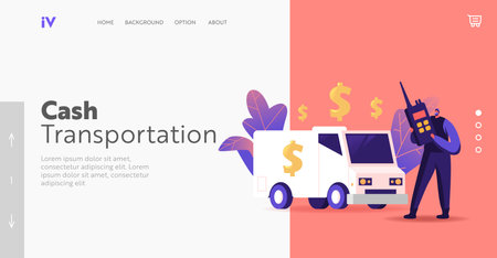 Bank Convoy Currency Collection from ATM Landing Page Template. Banking, Armed Cash-in-transit Guard Character Collectorのイラスト素材