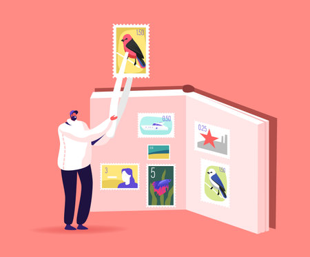 Tiny Philatelist Male Character Holding Huge Stamp in Tweezers near Album with Collection. Man Collecting Postal Stampsのイラスト素材