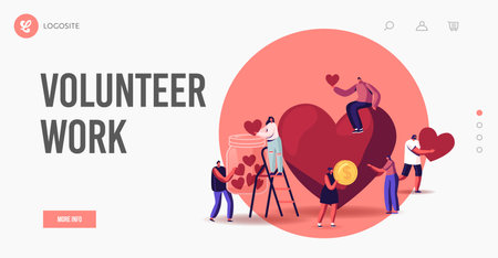 Volunteering, Charity Support Landing Page Template. Tiny Volunteer Characters Collecting Hearts in Donation Jarのイラスト素材