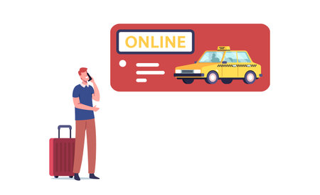 Young Man Ordering Taxi Driver Using Mobile Online Application on Smartphone. Customer Character Waiting Carのイラスト素材