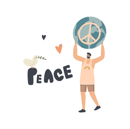 Tiny Male Character Carry Huge Peace Symbol. Hippie or Pacifist Man Humanity Propaganda, Stop War Pacific Conceptのイラスト素材
