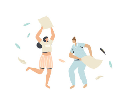 Couple of Young Women in Pajamas Having Pillow Fight at Home with Feathers Flying around. Female Characters Friendshipのイラスト素材