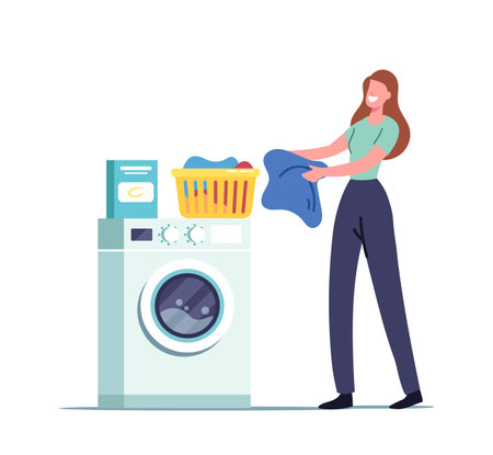 Female Character in Public Laundry or Bathroom Laying Clean Clothes to Basket, Load Dirty Clothing to Laundromat Machineのイラスト素材