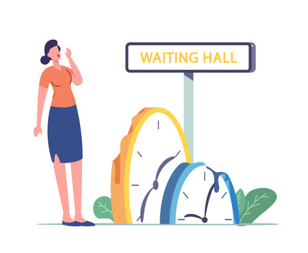 Girl Tired of Waiting. Long Wait Concept. Tiny Female Character near Huge Melting Clock. Frustrated Woman Wait in Clinicのイラスト素材