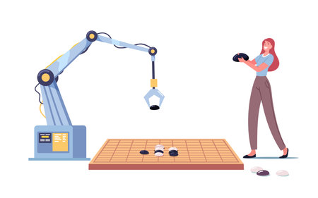Woman and Robot Arm Playing Gobang or Go Game Board Put Black and White Stones on Typical Course. Strategy Gameのイラスト素材