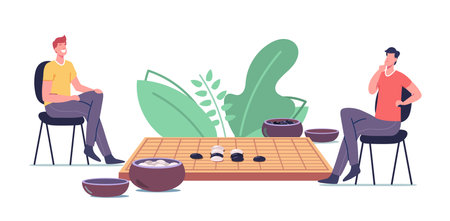 Traditional Chinese Gobang Strategy Game. Male Characters Playing or Go Game Board with Typical Course and Two Bowlsのイラスト素材