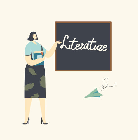 Teacher Female Character Conducting Boring Literature Class Stand in Classroom at Blackboard with Flying Paper Planeのイラスト素材