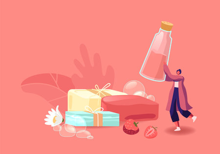 Body Care Lather Producing, Hobby, Workshop. Tiny Female Character Making Decorative Composition of Handmade Soap Barsのイラスト素材
