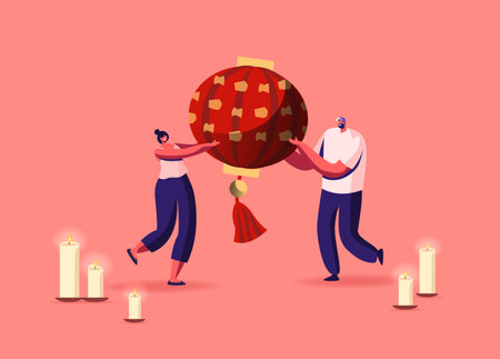 Tiny Male or Female Characters Carry Huge Red Chinese Lantern with Burning Candles around. Feng Shui Oriental Philosophyのイラスト素材