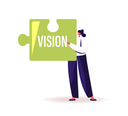 Core Values Concept. Tiny Businesswoman Holding Huge Puzzle Piece with Basic Social and Business Principle Visionのイラスト素材