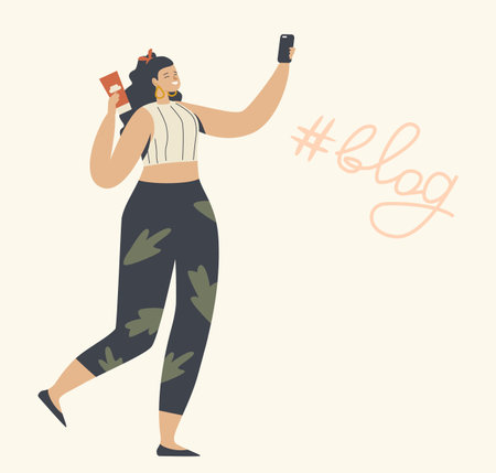 Young Woman Character with Smartphone in Hands Watching or Recording Vlog, Communicating in Network or Surfing Onlineのイラスト素材