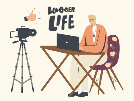 Blogger Speaking in Front of Camera and Laptop Screen. Vlogger Online Streaming, Review Concept. Influencer Record Videoのイラスト素材