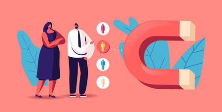 Lead Generation Concept. Tiny Businesspeople near Huge Magnet Attracting Followers, Clients in Internet. Smm Strategyのイラスト素材