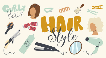 Set of Icons Hair Styling Theme. Curly Iron, Comb, Curlers or Female Head, Round Mirror, Fan, Barrette or Hair Sprayのイラスト素材
