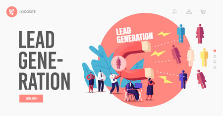 Lead Generation Landing Page Template. Tiny Businessman Character Attracting Clients with Huge Magnet Attract Incomeのイラスト素材