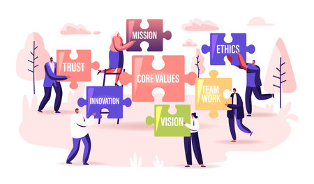 Core Values Concept. Tiny Businesspeople Characters Holding Huge Puzzle Pieces with Basic Social and Business Principlesのイラスト素材