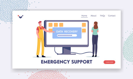 Data Recovery Service, Backup, Hardware Protection Repair Landing Page Template. Tiny Worker Character Client Supportのイラスト素材