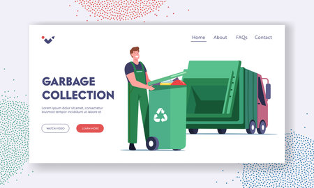 City Recycle Service Landing Page Template. Male Janitor Loading Recycling Container with Litter. Garbage Collectionのイラスト素材