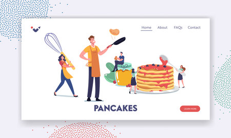 People Frying Flapjacks Landing Page Template. Tiny Male and Female Characters Cooking and Eating Homemade Pancakesのイラスト素材