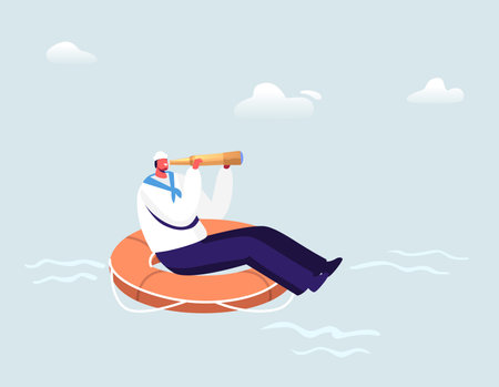 Sailor Floating on Huge Life Buoy Looking Far in Spyglass in Ocean. Male Character in White Uniform and Cap, Ship Crewのイラスト素材