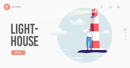 Stand at Beacon in Ocean Looking Far Landing Page Template. Sailor Male Character in White Uniform and Cap. Ship Crewのイラスト素材