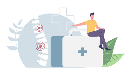 Tiny Male Character Sitting on Huge Medic Box Pointing on Sore Human Spine with Backache or Lumbago Inflammationのイラスト素材