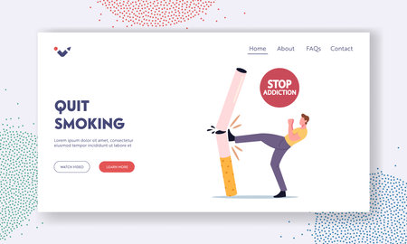 Stop Unhealthy Habit, Smoking Addiction Landing Page Template. Tiny Male Character Kicking Huge Cigarette, Addictのイラスト素材
