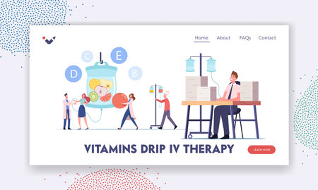 Vitamins Dripping, Iv Therapy Landing Page Template. Characters Applying Intravenous Infusion of Nutrients via Droppersのイラスト素材