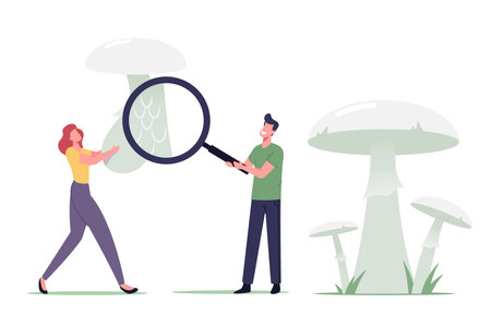 Tiny Male and Female Mushroomer Characters Learning Poisonous Mushroom with Huge Magnifying Glass. People Study Plantsのイラスト素材