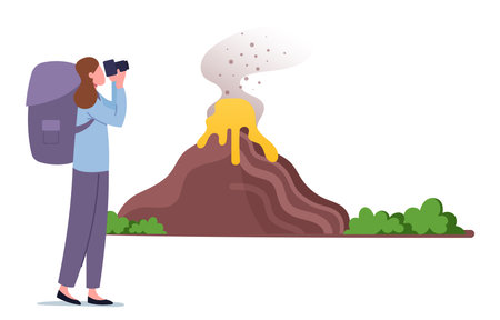 Scientist Volcanologist or Tourist Female Character with Binoculars in Hands and Backpack Look on Volcano Eruptionのイラスト素材
