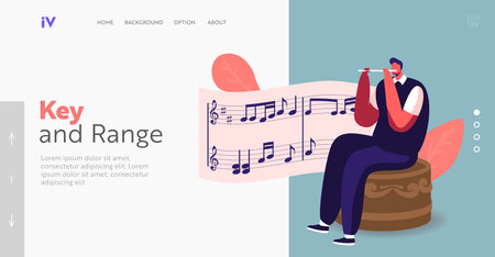 Tiny Man Sitting on Huge Music Box Playing Flute with Notes on Stave Landing Page Template. Vintage Musical Instrumentのイラスト素材