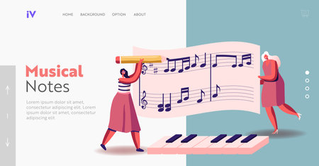 Tiny Female Characters Writing Notes on Huge Stave Landing Page Template. Pianist Women Concert Playing on Pianoのイラスト素材