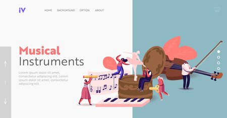 Tiny Characters Playing Musical Instruments around Huge Music Box Landing Page Template. People Write Notes on Staveのイラスト素材