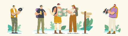 Backpacker Characters on Mountains or Rock. Travelers Adventure, Summer Vacation, Hiking Hobby Concept, Orienteeringのイラスト素材