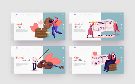 Tiny Characters Play Musical Instruments around Huge Music Box with Ballerina Landing Page Template Set. People, Staveのイラスト素材