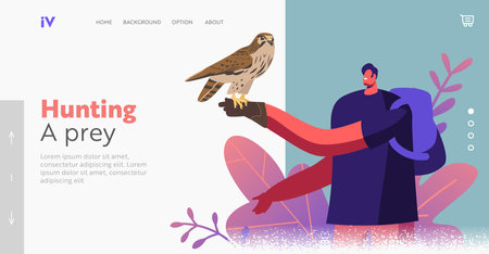 Character on Falconry Festival or Outdoor Zoo Park Landing Page Template. Wild Falcon Sit on Man Hand in Leather Gloveのイラスト素材