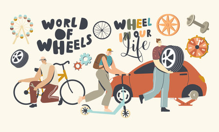 Wheeled Transport in Human Life Concept. Male and Female Characters Fixing Bicycle, Riding Scooter, Change Tyres on Carのイラスト素材