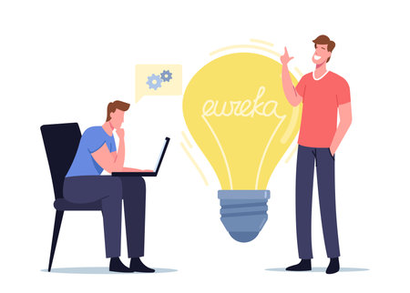 Eureka Concept. Businessmen Colleagues Characters with Laptop Sit at Huge Light Bulb Thinking Creative Idea, Brainstormのイラスト素材