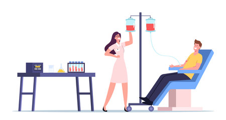 Blood Donation. Male Character Donate Blood for Diseased People, Female Nurse Taking Lifeblood into Plastic Containerのイラスト素材