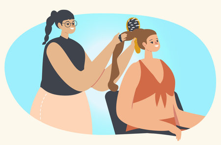 Young Woman Visiting Beauty Salon. Master Character doing Braiding Hairstyle for Girl in Barbershop Using Combのイラスト素材