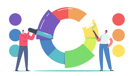 Professional Designer Male or Female Characters Choose Colours and Tints from Color Palette Wheel for Design Projectのイラスト素材