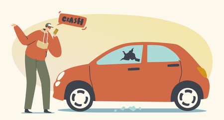 Frustrated Male Character Call to Police Complain on Aggressive Looter Broke his Car Window on Street. , Damage Propertyのイラスト素材