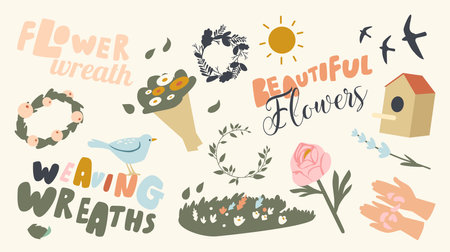 Set of Icons Weaving Wreaths Theme. Sun Shining, Bouquet of Blossoms, Hands Holding Petals and Green Meadow, Swallowsのイラスト素材
