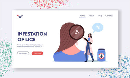Pediculosis Disease Landing Page Template. Medic with Magnifier Presenting Louse Eggs on Huge Female Head, Medicationのイラスト素材